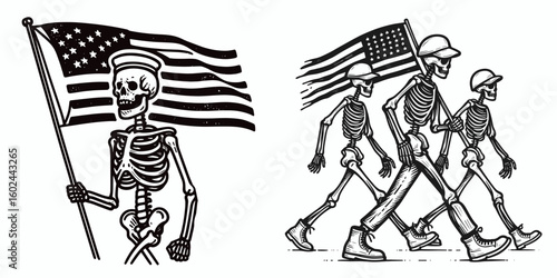 A Skeleton marching with honor Veterans Day. Funny Happy Retro Cartoon Clipart Silhouette Line Art Vector Illustration. bony figure parades showing respect memorial for military service day.