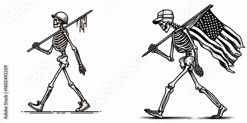 A Skeleton marching with honor Veterans Day. Funny Happy Retro Cartoon Clipart Silhouette Line Art Vector Illustration. Bony figure parade in tribute loyal service memorial event respect.