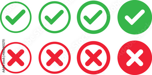 Check mark icons button set. yes or no checkmark sign. Check box icon with right and wrong buttons. green tick box and red cross symbol
