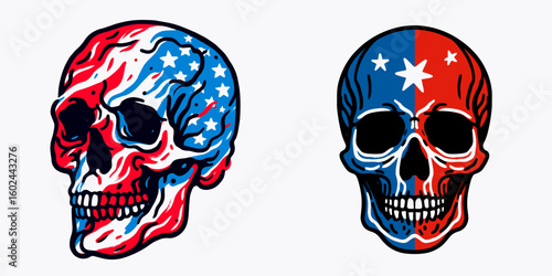 A Skeleton painting face red white blue Independence Day. Funny Happy Retro Cartoon Clipart Silhouette Line Art Vector Illustration. bony figure coloring visage crimson snowy azure.