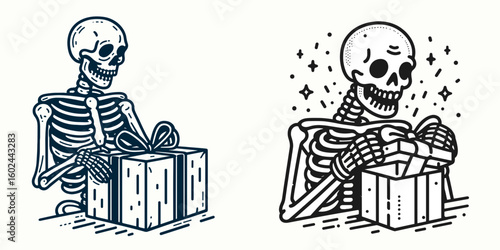 A Skeleton opening gift with joy Christmas. Funny Happy Retro Cartoon Clipart Silhouette Line Art Vector Illustration. Bony figure unwrap present glad winter holiday celebration Noel.