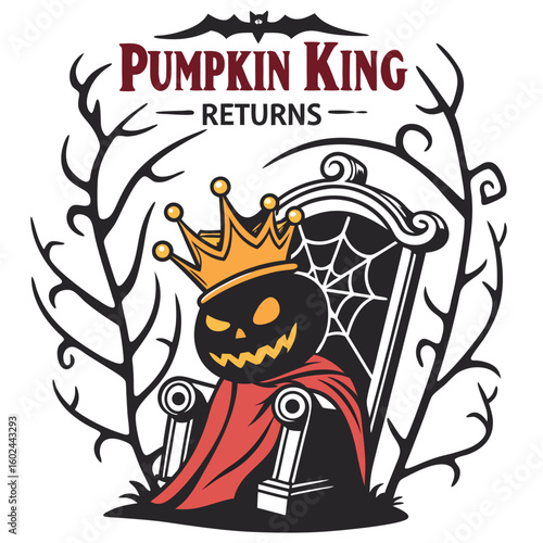Evil jack o lantern king wearing crown and cape on throne halloween
