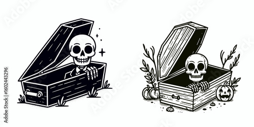 A Skeleton peeking from coffin Halloween. Funny Happy Retro Cartoon Clipart Silhouette Line Art Vector Illustration. Spooky bone figure looking outward box scary holiday decoration.