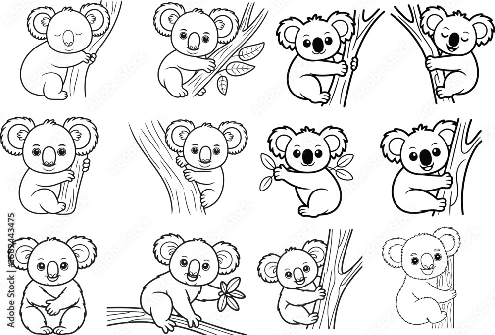 Cute Koalas in Different Poses Cartoon Koala on Tree Branch Vector Illustration for coloring page . Cute Koalas in Different Poses Cartoon Koala on Tree Branch Vector Illustration for coloring page .