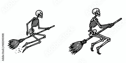 A Skeleton riding broomstick Halloween. Funny Happy Retro Cartoon Clipart Silhouette Line Art Vector Illustration. Spooky bone figure aloft on sweeper october celebration event decoration.