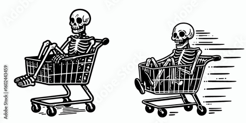 A Skeleton riding shopping cart Black Friday. Funny Happy Retro Cartoon Clipart Silhouette Line Art Vector Illustration. Bony figure on buggy does holiday purchase run amazing deal.