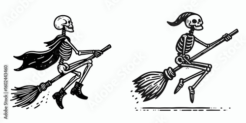 A Skeleton riding broomstick Halloween. Funny Happy Retro Cartoon Clipart Silhouette Line Art Vector Illustration. Spooky season image bone man flying on sweeper for the october event.