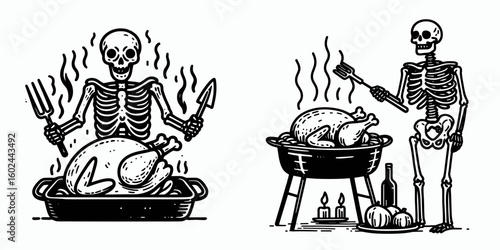 A Skeleton roasting turkey Thanksgiving. Funny Happy Retro Cartoon Clipart Silhouette Line Art Vector Illustration. Bony figure cooking fowl at autumn celebration meal holiday.
