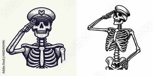 A Skeleton saluting with pride Veterans Day. Funny Happy Retro Cartoon Clipart Silhouette Line Art Vector Illustration. Bony figure honoring nations service members heart on remembrance.
