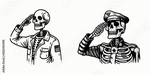 A Skeleton saluting with pride Veterans Day. Funny Happy Retro Cartoon Clipart Silhouette Line Art Vector Illustration. Bony figure honorably acknowledges armed force hero holiday respect.