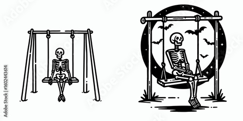 A Skeleton sitting on haunted swing Halloween. Funny Happy Retro Cartoon Clipart Silhouette Line Art Vector Illustration. Bony figure spooky rocker autumn festivity decoration element.