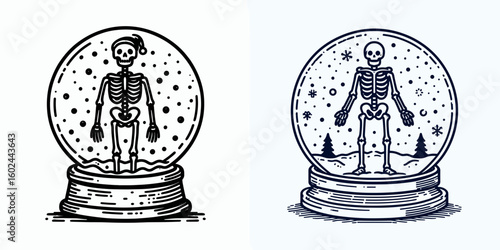 A Skeleton standing in snow globe Christmas. Funny Happy Retro Cartoon Clipart Silhouette Line Art Vector Illustration. Bony figure inside crystal sphere holiday ornament winter scene.