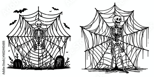 A Skeleton stuck in giant cobweb Halloween. Funny Happy Retro Cartoon Clipart Silhouette Line Art Vector Illustration. Spooky dead bone figure caught huge net decoration for fall holiday.