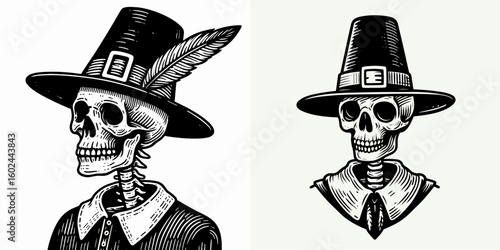 A Skeleton wearing pilgrim hat Thanksgiving. Funny Happy Retro Cartoon Clipart Silhouette Line Art Vector Illustration. bony figure with headgear autumn holiday celebration.