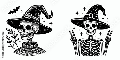 A Skeleton wearing witch hat Halloween. Funny Happy Retro Cartoon Clipart Silhouette Line Art Vector Illustration. Spooky bone figure in pointy cap autumn celebration.