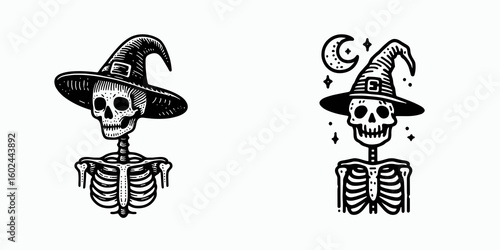 A Skeleton wearing witch hat Halloween. Funny Happy Retro Cartoon Clipart Silhouette Line Art Vector Illustration. Bony figure in pointed cap holiday spooky decoration autumn season design.