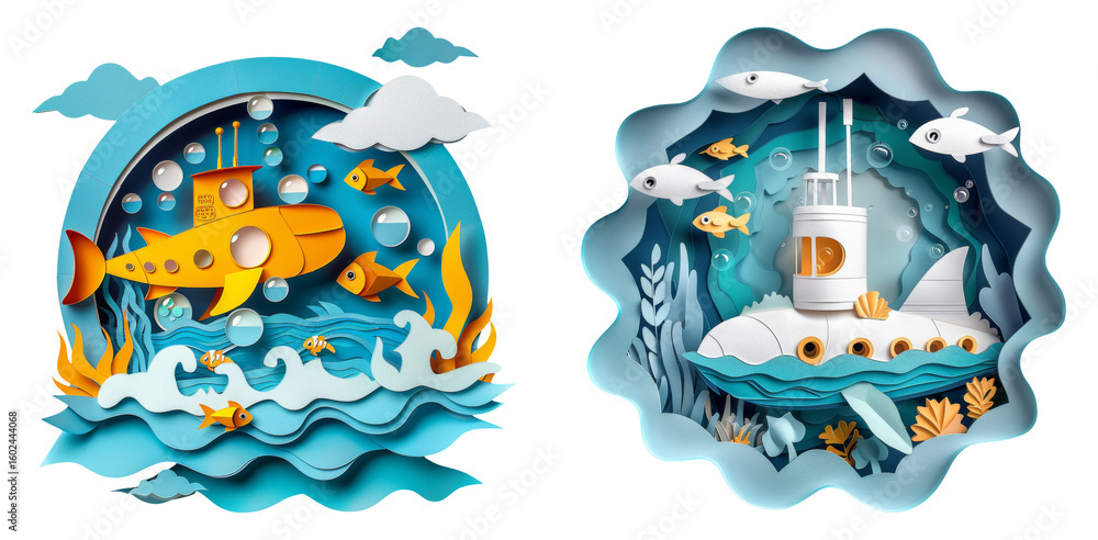 Obraz premium Cartoon submarine surrounded by marine creatures isolated on transparent PNG image perfect for children’s books or underwater-themed designs