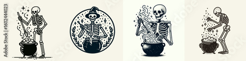 Skeleton holding a cauldron of bubbling potion. Funny Happy Retro Cartoon Clipart Silhouette Line Art Vector Illustration. Bony figure brewing boiling concoction in kettle for halloween.