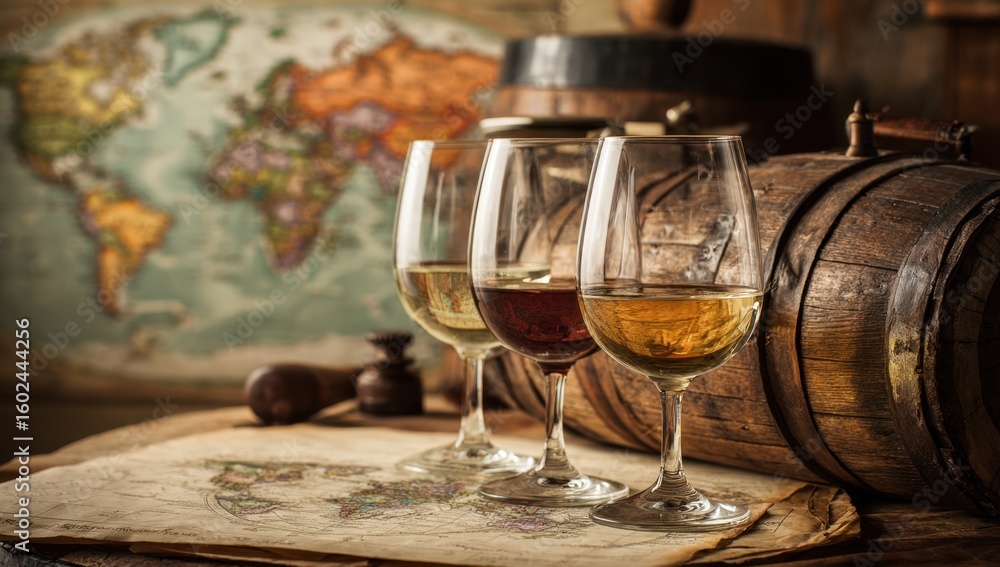custom made wallpaper toronto digitalAn inviting arrangement of wine glasses filled with different wines sits atop an antique map beside rustic wooden barrels evoking a sense of
