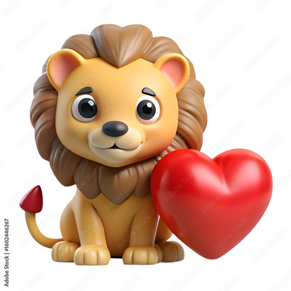 Fototapeta premium Cute cartoon lion cub with a big red heart on a black background