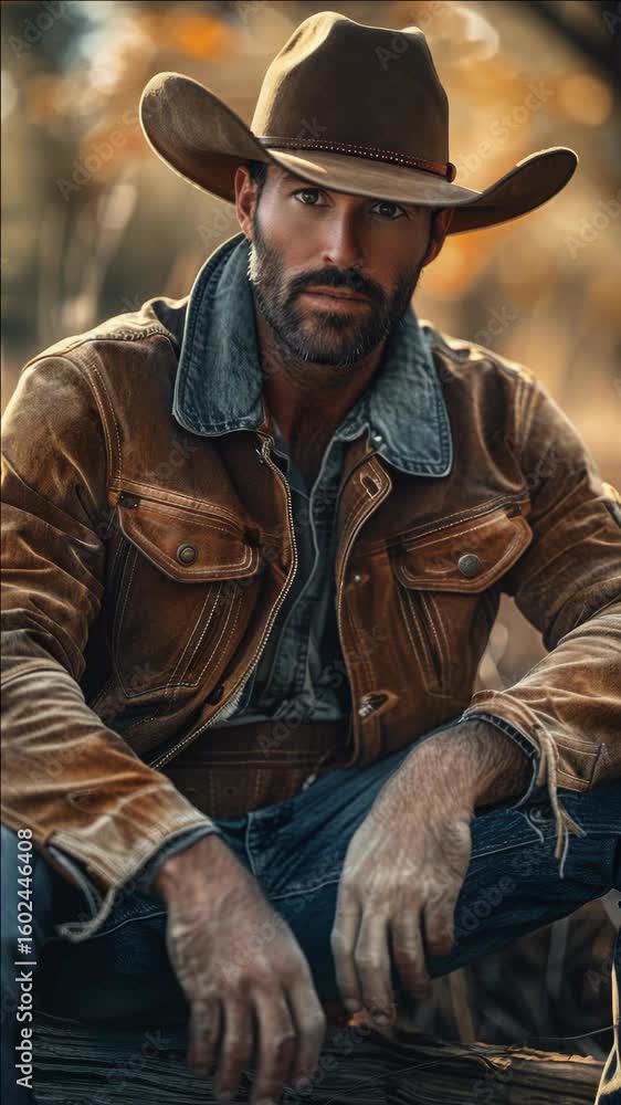 Man in cowboy hat and jeans sitting on fallen tree, contemplating life with hands clasped. Man in cowboy hat and jeans sitting on fallen tree, contemplating life with hands clasped.