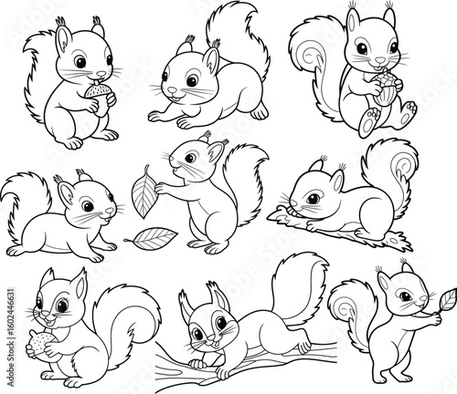 Adorable Squirrel Line Art Vector Set – Cute Woodland Animals in Various Poses for Coloring Pages and Kids’ Designs .