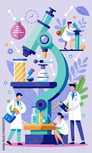 Scientists working on giant microscope in modern lab, examining DNA, writing notes, analyzing samples with lab equipment and chemical formulas.

