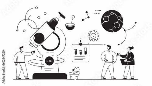Scientists working on giant microscope in modern lab, examining DNA, writing notes, analyzing samples with lab equipment and chemical formulas.

