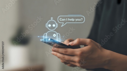 Person using smartphone with chatbot interface asking Can I help you mobile phone technology