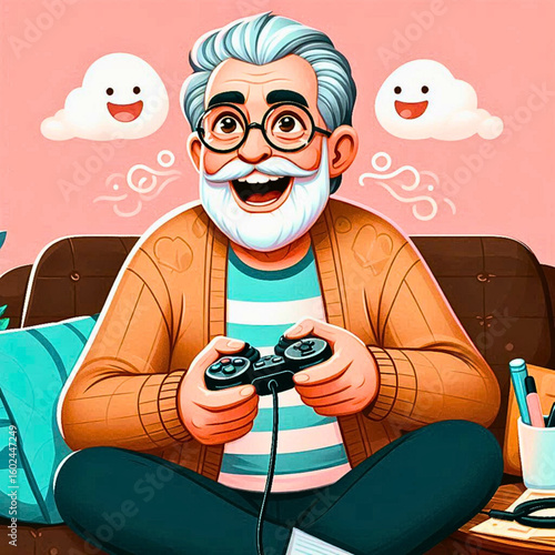 Elderly man happily playing video games at home, sitting on a couch with a game controller