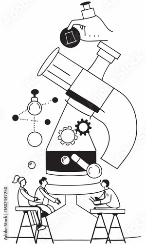 Scientists working on giant microscope in modern lab, examining DNA, writing notes, analyzing samples with lab equipment and chemical formulas.

