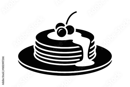 Stacked Pancakes with Cherry and Syrup breakfast