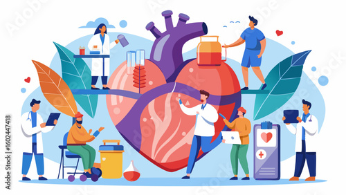 Oversized human heart examined by medical team with stethoscope and surgery tools. Doctors and nurses working around large heart in healthcare scene.

