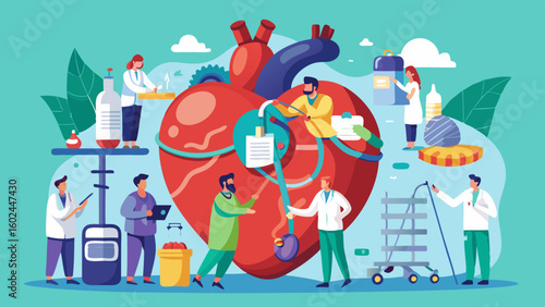 Oversized human heart examined by medical team with stethoscope and surgery tools. Doctors and nurses working around large heart in healthcare scene.

