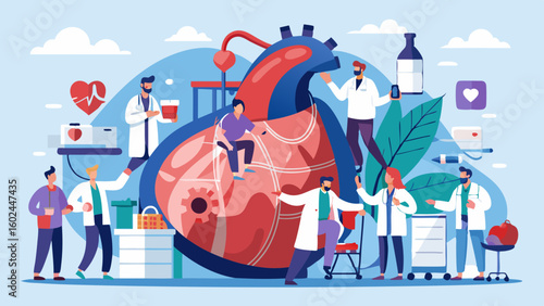 Oversized human heart examined by medical team with stethoscope and surgery tools. Doctors and nurses working around large heart in healthcare scene.


