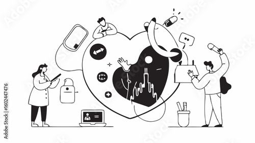 Oversized human heart examined by medical team with stethoscope and surgery tools. Doctors and nurses working around large heart in healthcare scene.

