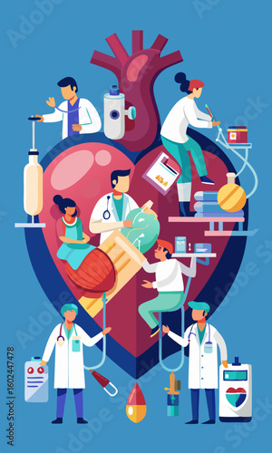 Oversized human heart examined by medical team with stethoscope and surgery tools. Doctors and nurses working around large heart in healthcare scene.


