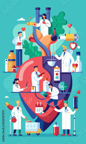 Oversized human heart examined by medical team with stethoscope and surgery tools. Doctors and nurses working around large heart in healthcare scene.


