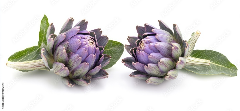 Fototapeta premium Two fresh artichokes, purple-toned, on white background