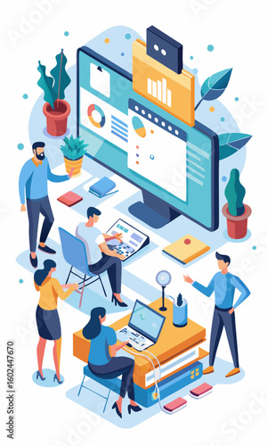 Office team working around huge computer monitor in modern workspace. Corporate employees using large screen for digital tasks, teamwork, and data analysis.

