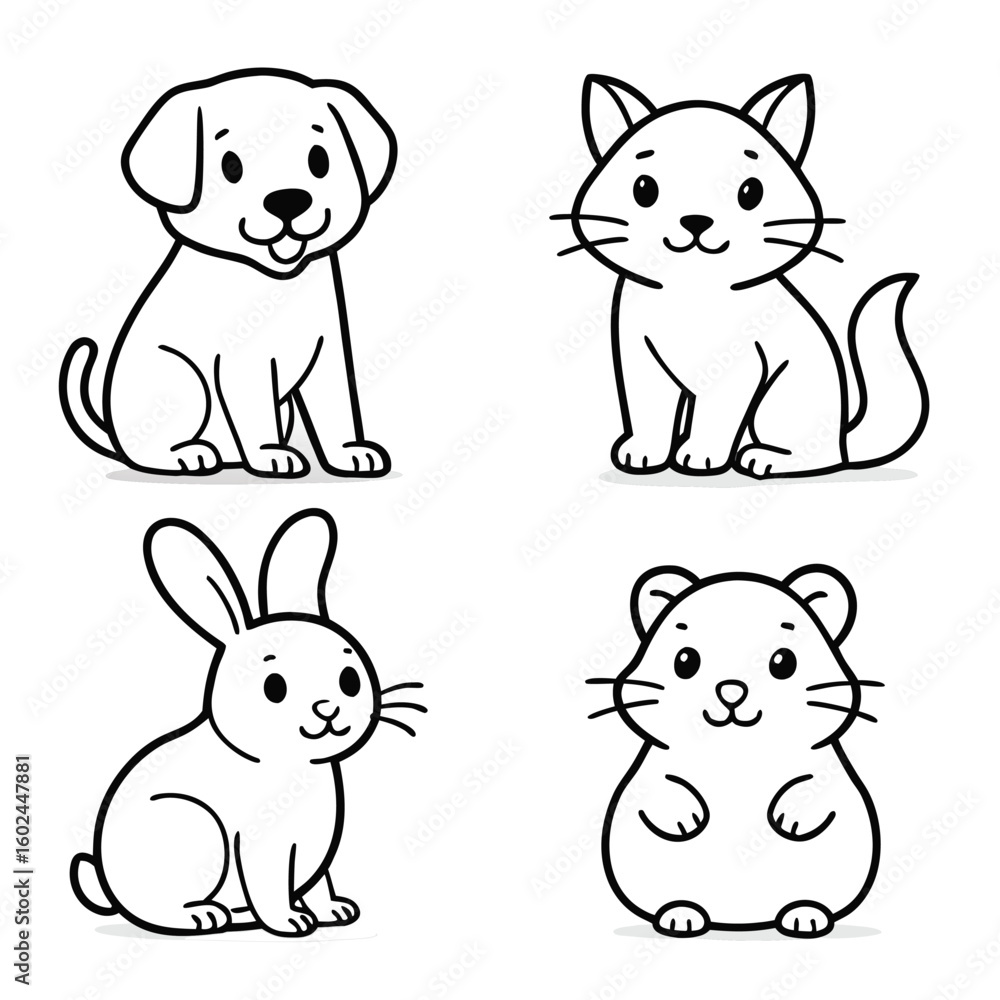 Fototapeta premium Black and white cute pet set — dog, cat, bunny, and hamster illustrations 