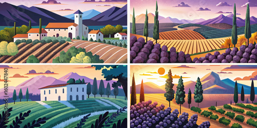 illustration Italian vineyards set cartoon landscape design with green hills and fields Vector. Flat design banner. European summer rural scenery at evening collection