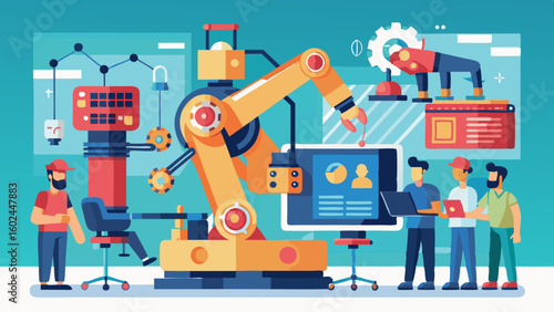 Massive robotic arm being programmed by engineers in high-tech lab. Team of professionals developing automation technology in modern workspace.

