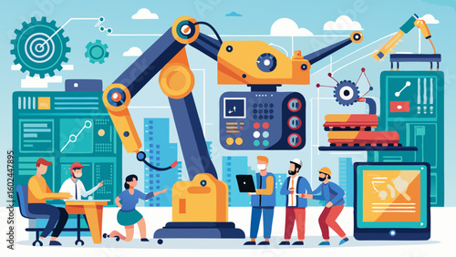 Massive robotic arm being programmed by engineers in high-tech lab. Team of professionals developing automation technology in modern workspace.

