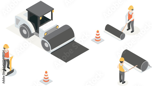 Isometric view of road construction with steamroller and workers laying asphalt and safety cones present