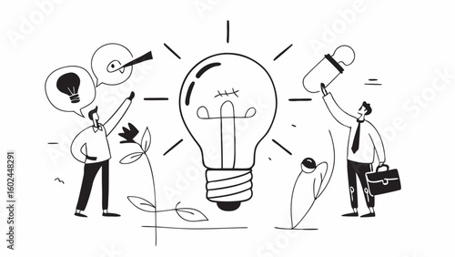 Giant light bulb brainstorming session with creative inventors team. 