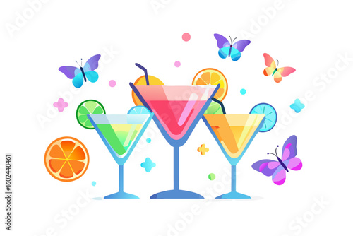 Colorful martini cocktails with fruit and butterflies on black background