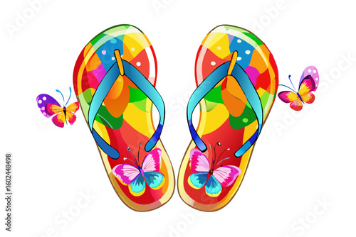 Colorful flip flops adorned with butterflies on black background