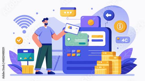 Flat vector illustration of oversized credit card used for contactless payment. Massive debit card transaction with point of sale reader in modern digital finance concept.


