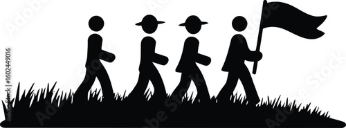 Silhouette of People Marching with Flag on Grass, Transparent Background - Leadership, Protest, Parade, Unity, Teamwork Vector Art.